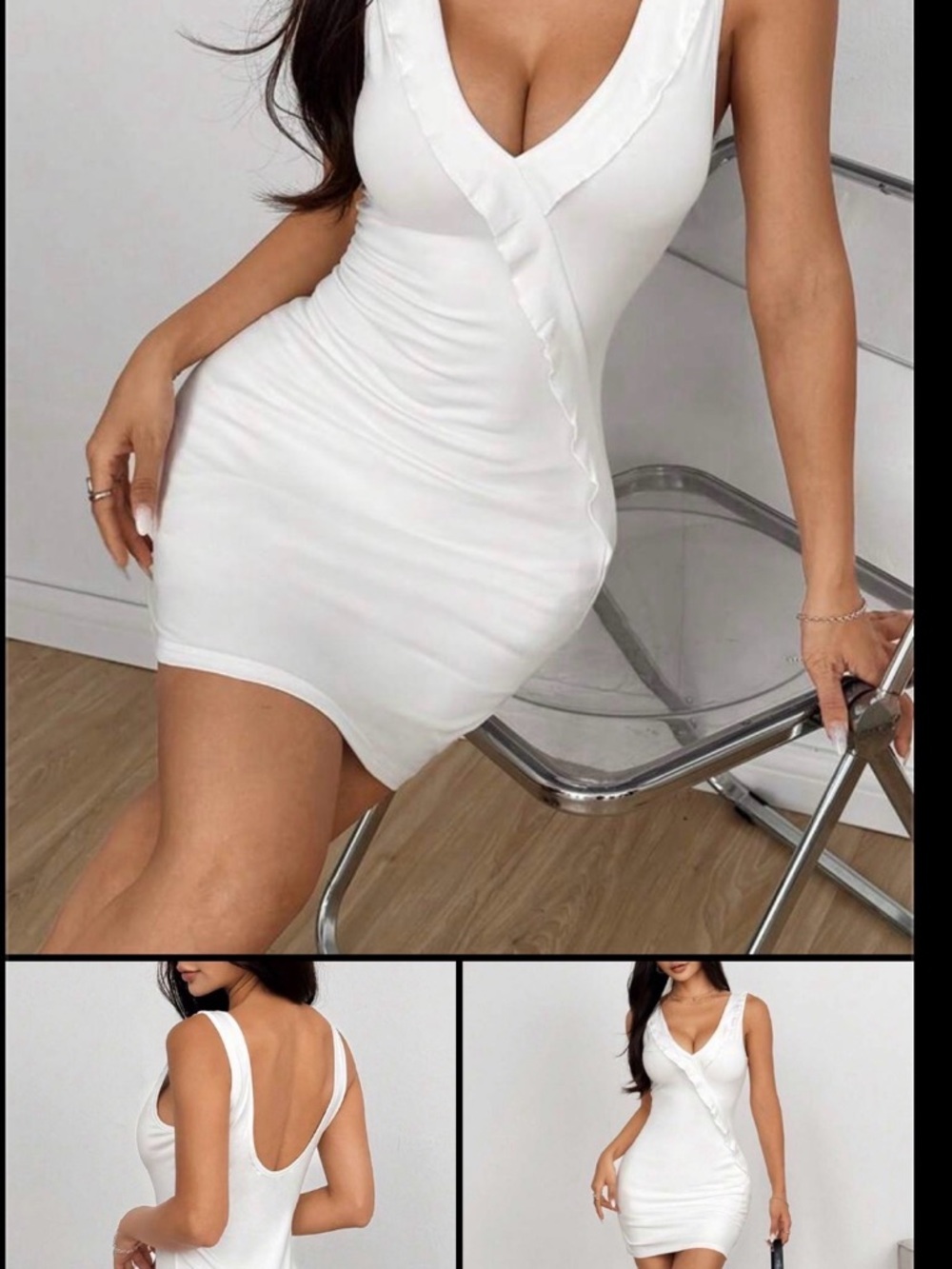 V-Neck White Mini Dress with Ruffle Detail